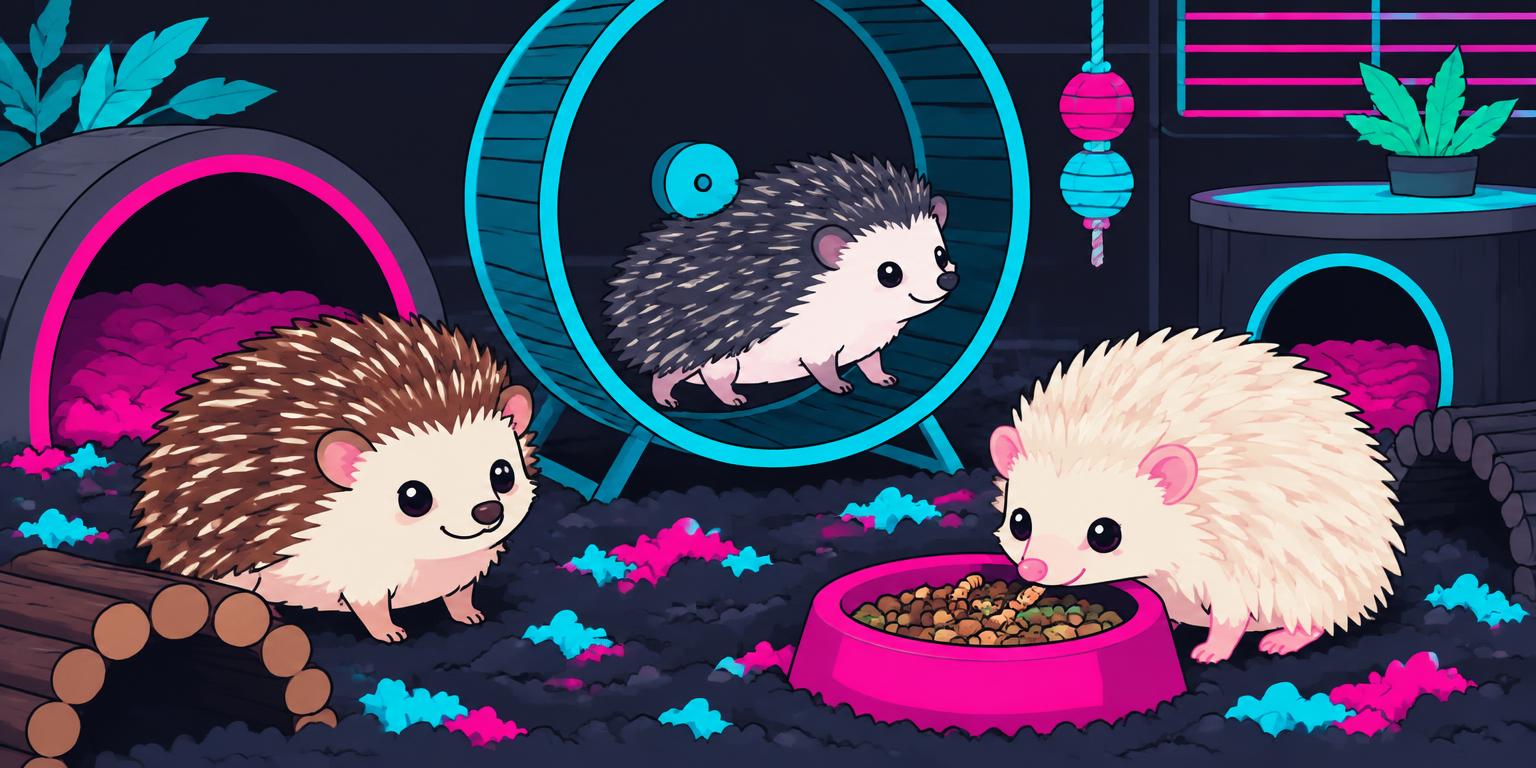 Cartoon hedgehogs in an enclosure with a wheel and food bowl